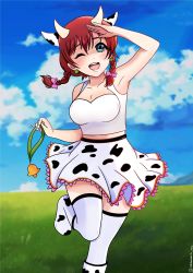 Rule 34 | 1girl, ;), absurdres, animal ears, animal print, aqua eyes, artist name, artist request, bare shoulders, bell, blue eyes, blue sky, blush, bow, braid, breasts, brown hair, cleavage, cloud, collarbone, cow ears, cow print, day, earrings, emma verde, female focus, floating hair, freckles, frilled skirt, frills, grass, hair between eyes, hair bow, hair tie, highres, holding, holding bell, horns, jewelry, long hair, looking at viewer, love live!, love live! nijigasaki high school idol club, miniskirt, mountain, one eye closed, outdoors, parted lips, pink bow, plaid, plaid skirt, pleated, pleated skirt, red hair, salute, shirt, shoes, skirt, sky, small breasts, smile, solo, standing, standing on one leg, tank top, twin braids, twintails, wavy hair, white footwear, white legwear, white shirt, white skirt, white tank top, wink