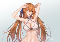 Rule 34 | 1girl, arm behind head, armpits, arms up, artist name, baek hyang, bikini, blue ribbon, blush, breasts, brown hair, cleavage, collarbone, crossed bangs, girls&#039; frontline, gradient background, green eyes, hair between eyes, hair ribbon, hair rings, hand to head, large breasts, long hair, looking at viewer, navel, o-ring, o-ring bikini, o-ring top, official alternate costume, open mouth, ribbon, sidelocks, simple background, smile, solo, springfield (girls&#039; frontline), springfield (stirring mermaid) (girls&#039; frontline), stomach, swimsuit, teeth, twintails, white bikini, yellow eyes