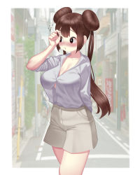 Rule 34 | 1girl, absurdres, alternate costume, arm behind back, beige shorts, blush, breasts, brown eyes, brown hair, button gap, creatures (company), day, double bun, dress shirt, flying sweatdrops, game freak, hair bun, highres, korean commentary, large breasts, long hair, looking to the side, matdoljangin, nintendo, nose blush, outdoors, pokemon, pokemon bw2, road, rosa (pokemon), see-through silhouette, shirt, shorts, solo, street, twintails, white shirt