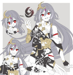 Rule 34 | 1girl, :q, black feathers, black gloves, bridal gauntlets, closed mouth, collarbone, commentary request, feathers, fingerless gloves, fu hua, fu hua (herrscher of sentience), gloves, grey background, grey hair, hair between eyes, hand up, holding, honkai (series), honkai impact 3rd, long hair, multiple views, pale skin, red eyes, romaji text, smile, tamakibi, tongue, tongue out, two-tone background, very long hair, watermark, white background