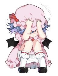 Rule 34 | 1girl, ascot, bad id, bad pixiv id, bat wings, black footwear, bloomers, blue hair, blush, bobby socks, bow, charisma guard, diokira, dress, flying sweatdrops, hands on headwear, hands up, hat, hat bow, highres, md5 mismatch, mob cap, pink dress, pink hat, puffy short sleeves, puffy sleeves, red ascot, red bow, remilia scarlet, resolution mismatch, shoes, short hair, short sleeves, simple background, socks, solo, squatting, touhou, transparent background, underwear, white background, white bloomers, white socks, wings
