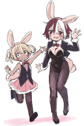 2girls animal_ears bags_under_eyes black_jacket black_leotard black_vest blonde_hair blush bow bowtie breasts cleavage clenched_hand closed_mouth dark-skinned_female dark_skin detached_collar fake_animal_ears fake_tail fishnet_pantyhose fishnets frilled_skirt frills hair_between_eyes hair_rings hand_up highres irumyuui jacket leotard loli made_in_abyss mauyu medium_breasts multicolored_hair multiple_girls open_clothes open_jacket open_mouth pantyhose pink_skirt rabbit_ears red_bow red_bowtie red_hair short_hair skirt smile strapless strapless_leotard sweat tail teeth vest vueko white_background white_hair yellow_eyes