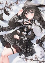 Rule 34 | 1girl, animal ears, black dress, black eyes, black hair, blush, braid, branch, breasts, chinese zodiac, cleavage, closed mouth, commentary request, cowboy shot, day, dress, floral print, hair between eyes, hair over shoulder, highres, holding, holding branch, long hair, looking at viewer, lying, medium breasts, neck ribbon, original, outdoors, print dress, rabbit, ribbon, sidelocks, snow, solo, thighlet, twin braids, weri, white ribbon, year of the rabbit