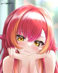 Rule 34 | 1girl, :3, blurry, blurry background, blush, closed mouth, hair between eyes, hair intakes, head rest, highres, long hair, looking at viewer, multicolored hair, nekota tsuna, nude, orange hair, portrait, prsdubstep, red hair, signature, smile, solo, two-tone hair, virtual youtuber, vspo!, yellow eyes