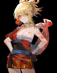 Rule 34 | 1girl, arm tattoo, bandaged arm, bandages, black background, blonde hair, breasts, chest tattoo, choker, cleavage, closed mouth, fingerless gloves, genshin impact, gloves, hadanugi dousa, hair between eyes, hands on own hips, highres, japanese clothes, kimono, looking at viewer, medium breasts, obi, open clothes, open kimono, orange eyes, persimmon (lsxh3), red kimono, rope, sarashi, sash, shimenawa, simple background, solo, tattoo, yellow choker, yoimiya (genshin impact)
