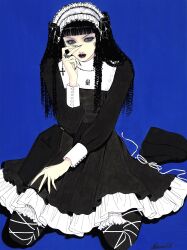 Rule 34 | 1boy, absurdres, androgynous, arched bangs, bat ornament, black bow, black dress, black lips, black nails, black thighhighs, blue background, blue eyes, blue eyeshadow, blunt bangs, bow, buttons, cross, cross necklace, curly hair, dress, eyelashes, eyeshadow, fingernails, frilled dress, frilled thighhighs, frills, goth fashion, gothic lolita, hairband, highres, holding, jewelry, kneeling, lipstick, lolita fashion, lolita hairband, long fingernails, long hair, long sleeves, looking at viewer, makeup, mana (malice mizer), moi-meme-moitie, narumi hosokawa, necklace, platform footwear, ribbon, ring, sharp fingernails, signature, solo, thighhighs, traditional media, white ribbon
