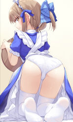 Rule 34 | 1girl, ass, blue dress, brown eyes, brown hair, dress, feet, frills, from behind, highres, ina (inadahime), kneeling, looking at viewer, looking back, maid, maid headdress, no shoes, original, panties, puffy short sleeves, puffy sleeves, short sleeves, solo, thighhighs, underwear, white panties, white thighhighs