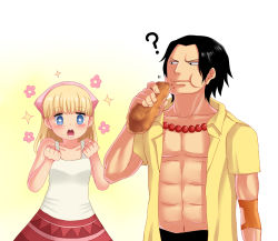 Rule 34 | 1boy, 1girl, ?, abs, black hair, blonde hair, blue eyes, blush, eating, flower (symbol), freckles, head scarf, hetero, jewelry, long hair, moda, necklace, one piece, open clothes, open shirt, portgas d. ace, shirt, short hair, sparkle, star-shaped pupils, star (symbol), symbol-shaped pupils, yellow shirt, yumiyokiak
