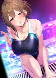 Rule 34 | 1girl, bare arms, bare legs, bare shoulders, blue one-piece swimsuit, blurry, blurry background, blush, braid, breasts, brown eyes, brown hair, cleavage, collarbone, competition swimsuit, idolmaster, idolmaster shiny colors, kuwayama chiyuki, large breasts, looking at viewer, one-piece swimsuit, outdoors, parted lips, pool, satou kuuki, smile, solo, swimsuit, wet