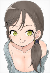 Rule 34 | absurdres, bare shoulders, breasts, cleavage, commentary request, earrings, green eyes, hair ornament, hairclip, highres, hoop earrings, ito kashiwamochi, jewelry, licking lips, mole, mole on breast, off shoulder, original, sweater, tongue, tongue out