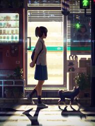 Rule 34 | 1girl, absurdres, arms behind back, black hair, black socks, blue skirt, commentary, dog, door, facing away, from side, guweiz, highres, interlocked fingers, night, original, outdoors, own hands clasped, own hands together, plant, pleated skirt, ponytail, potted plant, puffy short sleeves, puffy sleeves, reflection, shirt, shoes, short sleeves, sign, skirt, socks, solo, standing, traffic light, vending machine, walking, white shirt