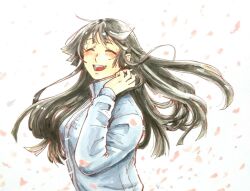 Rule 34 | 1girl, black hair, blue jacket, blush, closed eyes, commentary request, floating hair, hand up, highres, jacket, long hair, nashii (rinkaitentoppa), open mouth, petals, protagonist 2 (housamo), sidelocks, smile, solo, teeth, tokyo houkago summoners, upper body, upper teeth only, white background