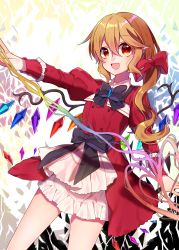 Rule 34 | 1girl, absurdres, alternate costume, alternate eye color, black ribbon, blonde hair, blush, bow, brooch, dress, fang, flandre scarlet, gradient eyes, hair bow, highres, jewelry, juliet sleeves, laevatein, long hair, long sleeves, looking at viewer, multicolored eyes, no headwear, open mouth, orange eyes, ponytail, puffy sleeves, rainbow background, rainbow order, red dress, red eyes, renka (sutegoma25), ribbon, short dress, short hair, side ponytail, sidelocks, smile, solo, touhou, white background, wings, yellow eyes