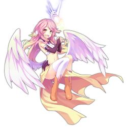 Rule 34 | 1girl, angel wings, asymmetrical legwear, breasts, bridal gauntlets, spiked halo, crop top, cross, drooling, feathered wings, full body, gradient eyes, gradient hair, halo, happy, jibril (no game no life), large breasts, long hair, low wings, magic circle, midriff, mismatched legwear, multicolored eyes, multicolored hair, navel, neps-l, no game no life, open mouth, orange eyes, pink hair, sideboob, smile, solo, symbol-shaped pupils, transparent background, very long hair, white wings, wing ears, wings, yellow eyes