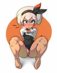 Rule 34 | abs, absurdres, artist name, barefoot, bea (pokemon), black hairband, black leotard, blonde hair, blush, breasts, breath, clitoris, clothing aside, covered navel, creatures (company), crop top, dark skin, feet, game freak, grey eyes, gym leader, hairband, heavy breathing, highres, jpeg artifacts, knees up, leaning back, leotard, leotard aside, looking at viewer, malcontent, muscular, nintendo, open mouth, orange background, pokemon, pokemon swsh, pussy, shirt, short hair, short sleeves, signature, simple background, sitting, small breasts, teeth, thick thighs, thighs, tied shirt, two-tone background, uncensored, white background, white shirt