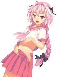 Rule 34 | 1boy, astolfo (fate), astolfo (sailor paladin) (fate), braid, fang, fate/grand order, fate (series), kibamigohann, long hair, male focus, midriff, navel, official alternate costume, open mouth, pink hair, purple eyes, school uniform, serafuku, single braid, smile, solo, thighhighs, trap, undressing, white thighhighs
