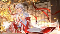 Rule 34 | 1boy, absurdres, ahoge, architecture, bamboo screen, building, chinese clothes, closed mouth, coat, collar, ear piercing, earrings, east asian architecture, facial mark, falling leaves, ginkgo leaf, ginkgo tree, grey hair, guaisanmu, hair rings, hanfu, highres, hua yi shanxin zhiyue, jewelry, layered sleeves, leaf, lips, long hair, long sleeves, looking at viewer, low ponytail, male focus, neck tassel, off shoulder, open clothes, open robe, outstretched hand, parted bangs, piercing, railing, red coat, red eyes, red ribbon, red sash, ribbon, robe, sash, see-through, solo, standing, upper body, white robe, wind, window, xie xingyi