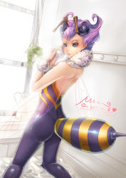 Rule 34 | 1girl, antennae, ass, bare back, bare shoulders, bee, bee girl, blue eyes, bug, capcom, dated, fur, bug, arthropod girl, insect wings, kneeling, looking at viewer, monster girl, no pupils, pantyhose, purple hair, q-bee, short hair, shoumura (mix), signature, sleeveless, solid eyes, solo, vampire (game), window, wings