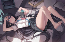 Rule 34 | 1girl, aris (blue archive), bare legs, barefoot, black hair, black skirt, blue archive, blue eyes, blue halo, blue necktie, book, bright pupils, checkered floor, collared shirt, controller, crt, day, feet, foot out of frame, game controller, gyool, hair between eyes, halo, handheld game console, highres, holding, holding handheld game console, indoors, joystick, legs, light blush, long hair, looking at viewer, lying, necktie, on back, on floor, open book, panties, pantyshot, parted lips, pleated skirt, shirt, shirt partially tucked in, short sleeves, skirt, soles, solo, sunlight, television, toe scrunch, toenails, toes, underwear, very long hair, white panties, white pupils, white shirt, window shadow