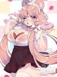 Rule 34 | 1girl, ahoge, animal ears, bear ears, bow, breasts, brown hair, cleavage, commission, cookie hana, doughnut, food, hair bow, highres, holding, holding food, large breasts, long hair, looking at viewer, one eye closed, open mouth, original, red eyes, solo, very long hair, white bow