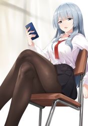 Rule 34 | 1girl, absurdres, ak-15 (girls&#039; frontline), alternate costume, black skirt, blue eyes, blue hair, breasts, cellphone, chair, collared shirt, commentary request, crossed legs, feet out of frame, from below, girls&#039; frontline, highres, holding, holding phone, large breasts, long hair, long sleeves, miniskirt, necktie, on chair, open mouth, pantyhose, phone, pleated skirt, red necktie, school chair, shirt, sitting, skirt, smartphone, solo, star741, thighs, v-shaped eyebrows, white shirt