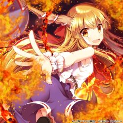 Rule 34 | album cover, belt, black background, black belt, blouse, bow, chain, check commentary, commentary, commentary request, cover, cuffs, fire, from side, gourd, horns, ibuki suika, long hair, looking at viewer, low-tied long hair, miniskirt, official art, oni, oni horns, open mouth, orange eyes, orange hair, outstretched hand, purple skirt, red ribbon, ribbon, ribbon-trimmed skirt, ribbon trim, sakura tsubame, shackles, shirt, skirt, sleeveless, sleeveless shirt, smile, touhou, touhou cannonball, very long hair, waist bow, white bow, white shirt, white wrist cuffs, wrist cuffs