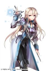 Rule 34 | 1girl, blonde hair, blue eyes, boots, coat, copyright name, high heel boots, high heels, holding, holding sword, holding weapon, official art, sid story, sila (carpen), solo, sword, weapon