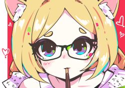 Rule 34 | 1girl, absurdres, aki rosenthal, aki rosenthal (gaming casual), animal ears, bare shoulders, blonde hair, blush, commentary, food, glasses, highres, hololive, looking at viewer, mouth hold, pocky, pocky day, pocky kiss, pov, purple eyes, shared food, toon (toonhoshi), virtual youtuber