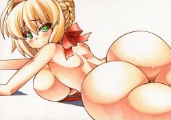 Rule 34 | 10s, 1girl, ass, back, blonde hair, blush, braid, breast press, breasts, colored pencil (medium), curvy, fate/extra, fate (series), female focus, green eyes, hair ribbon, huge ass, large breasts, long hair, looking at viewer, lying, marker (medium), millipen (medium), nero claudius (fate), nero claudius (fate) (all), nero claudius (fate/extra), official alternate costume, on stomach, pout, ribbon, sideboob, simple background, slingshot swimsuit, slit pupils, solo, swimsuit, thick thighs, thighs, traditional media, uneven eyes, white background, wide hips, yutakasan-love