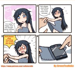 Rule 34 | 1girl, 4koma, artist name, assisted exposure, black hair, blue eyes, blush, cellphone, clothes lift, comic, dress, dress lift, embarrassed, english text, flying sweatdrops, greenteaneko, groin, heart, highres, open mouth, original, out-of-frame censoring, personification, phone, shadow, sidelocks, smartphone, solo, speech bubble, square 4koma, sweat, watermark, web address