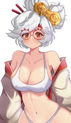 Rule 34 | 1girl, alternate costume, bare shoulders, bikini, breasts, cleavage, coat, collarbone, commentary, english commentary, eyeshadow, eyewear on head, grey coat, hair ornament, hair stick, highleg, highleg bikini, highres, large breasts, looking at viewer, makeup, mixed-language commentary, navel, nintendo, nyu-tan94, off-shoulder coat, off shoulder, parted lips, purah, red-framed eyewear, red eyes, red eyeshadow, short hair, solo, swimsuit, the legend of zelda, the legend of zelda: tears of the kingdom, updo, upper body, white background, white bikini, white hair
