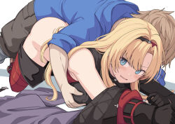 Rule 34 | 1boy, 1girl, all fours, bare shoulders, blonde hair, blue eyes, blush, breasts, brown hair, clothes pull, gloves, grabbing, grabbing another&#039;s breast, gran (granblue fantasy), granblue fantasy, hairband, implied sex, jacket, large breasts, long hair, open mouth, shiseki hirame, short hair, zeta (granblue fantasy)