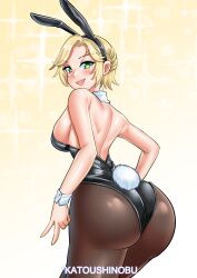 Rule 34 | 1girl, absurdres, alternate costume, artist name, ass, ass focus, bare shoulders, blonde hair, blush, breasts, come hither, fire emblem, fire emblem: three houses, from behind, green eyes, grin, highres, huge ass, ingrid brandl galatea, katou shinobu, large breasts, leaning, leaning forward, leotard, looking at viewer, looking back, naughty face, nintendo, pantyhose, playboy bunny, rabbit ears, rabbit tail, short hair, sideboob, smile, tail, thong leotard, wrist cuffs