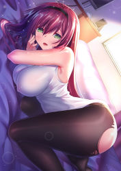 Rule 34 | 1girl, all fours, bed, bed sheet, black pantyhose, blush, breasts, commentary request, covered erect nipples, green eyes, hair between eyes, hairband, highres, indoors, iro ame (amewaagada), large breasts, lens flare, long hair, looking at viewer, monitor, mouse (computer), on bed, open mouth, original, pantyhose, pillow, red hair, shirt, sidelocks, sleeveless, sleeveless shirt, smile, solo, sparkle, torn clothes, torn pantyhose, white shirt, window
