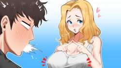 Rule 34 | 1boy, 1girl, ^^^, bad id, bad twitter id, bare shoulders, black shirt, blank eyes, blonde hair, blouse, blue eyes, blush, breasts, brown hair, cleavage, collarbone, covered erect nipples, full-face blush, furrowed brow, gradient background, hands up, heart, highres, japanese clothes, large breasts, long hair, looking away, nipple piercing, nose blush, original, piercing, saru (monkey magic3), shirt, short hair, shy, simple background, spitting, surprised, sweatdrop, tank top, very short hair, white tank top