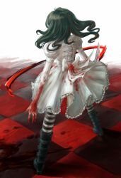 Rule 34 | 1girl, alice: madness returns, alice (alice in wonderland), alice liddell (american mcgee&#039;s alice), american mcgee&#039;s alice, american mcgee's alice, black hair, blood, boots, commentary, dress, english commentary, hei xing, highres, knife, long hair, pantyhose, solo, striped clothes, striped pantyhose