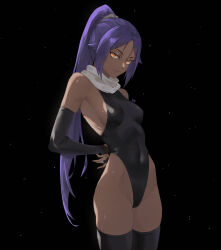 Rule 34 | 1girl, absurdres, alternate costume, arms behind back, artist name, bare shoulders, black background, black gloves, black leotard, black thighhighs, bleach, breasts, covered navel, dark-skinned female, dark skin, elbow gloves, fingerless gloves, gloves, high ponytail, highleg, highleg leotard, highres, izei1337, large breasts, leotard, long hair, looking at viewer, medium breasts, official alternate costume, parted bangs, ponytail, purple hair, scarf, shadow, shihouin yoruichi, sideboob, simple background, skin tight, smile, solo, thighhighs, thighs, toned, very long hair, white scarf, yellow eyes