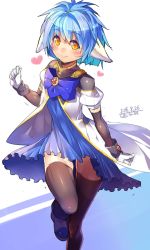 Rule 34 | 1girl, :&gt;, absurdres, animal ears, black thighhighs, blue bow, blue bowtie, blue dress, blue hair, blush, bow, bowtie, brooch, closed mouth, coat, dated, dress, elbow gloves, galaxy angel, gloves, heart, highres, jewelry, kokka han, leg up, looking at viewer, mint blancmanche, orange eyes, see-through, short hair, signature, smile, solo, standing, standing on one leg, thighhighs, white background, white coat, white gloves