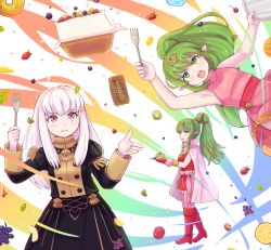 Rule 34 | 3girls, boots, cake, cake slice, cape, dress, dual persona, fire emblem, fire emblem: mystery of the emblem, fire emblem: three houses, fire emblem awakening, food, fork, fruit, garreg mach monastery uniform, garter straps, gloves, green eyes, green hair, hair ornament, highres, holding, holding fork, holding plate, kutabireta neko, long hair, long sleeves, lysithea von ordelia, multicolored background, multiple girls, nintendo, open mouth, pink dress, pink eyes, plate, pointy ears, ponytail, red dress, red gloves, short dress, strapless, strapless dress, strawberry, thigh boots, thighhighs, tiki (adult) (fire emblem), tiki (fire emblem), tiki (young) (fire emblem), uniform, white hair