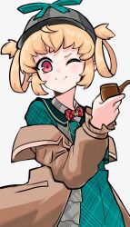 Rule 34 | 1girl, absurdres, blonde hair, bow, bowtie, brown coat, checkered bow, checkered clothes, coat, commentary, deerstalker, dress, english commentary, green dress, hair rings, hat, highres, holding, holding smoking pipe, mat (matdesenheiro), nijisanji, nijisanji en, official alternate costume, one eye closed, pointy ears, pomu rainpuff, pomu rainpuff (4th costume), red bow, red bowtie, red eyes, simple background, smile, smoking pipe, solo, virtual youtuber, white background