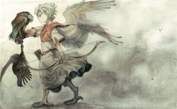 Rule 34 | 1boy, arrow (projectile), bandaged hand, bird, bird legs, blue eyes, bow (weapon), commentary, falcon, falconry, feathered wings, gloves, harpy boy, holding, holding bow (weapon), holding weapon, monster boy, original, pheasant, quiver, single glove, sky-art, traditional media, walking, weapon, white hair, wings