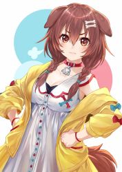 Rule 34 | 1girl, :t, angry, animal ears, blue background, blush, bone hair ornament, breasts, brown hair, cleavage, closed mouth, collar, commentary, cowboy shot, dog ears, dog girl, dog tail, dress, frown, hair between eyes, hair ornament, hands on own hips, highres, hololive, inugami korone, inugami korone (1st costume), itou youichi, jacket, lips, looking at viewer, medium breasts, medium hair, off shoulder, open clothes, open jacket, pink background, pout, red collar, red eyes, simple background, sleeveless, sleeveless dress, solo, tail, twitter username, virtual youtuber, white background, white dress, wristband, yellow jacket