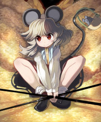 Rule 34 | 1girl, animal ears, bare legs, basket, coin, female focus, gold, grey hair, highres, holding, holding with tail, mouse (animal), mouse ears, mouse tail, nazrin, prehensile tail, red eyes, short hair, sitting, smile, socks, solo, syope, tail, touhou, treasure