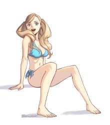 Rule 34 | 1girl, :d, arm support, barefoot, bikini, blonde hair, blue bikini, blue eyes, breasts, commentary, english commentary, feet, full body, invisible chair, long hair, looking at viewer, medium breasts, navel, open mouth, persona, persona 5, phrecklesart, sitting, smile, solo, swimsuit, takamaki anne, toes, twintails