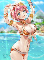 Rule 34 | 1girl, absurdres, armpits, arms up, beach, bikini, blue eyes, braid, breasts, flower, hair flower, hair ornament, highres, large breasts, maoo-san, pink hair, princess connect!, red flower, red rose, rose, short hair, smile, sunflower, sunflower hair ornament, sunlight, swimsuit, yui (princess connect!), yui (summer) (princess connect!)