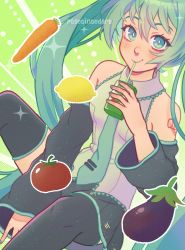 Rule 34 | 1girl, absurdres, aqua eyes, aqua hair, aqua necktie, artist name, bare shoulders, between legs, black skirt, black thighhighs, blue nails, bright pupils, carrot, collared shirt, detached sleeves, drinking, drinking straw, eggplant, fingernails, food, fruit, green background, grey shirt, halftone, halftone background, hand between legs, hatsune miku, highres, holding, juice box, lemon, light blush, light particles, long hair, looking at viewer, nail polish, necktie, number tattoo, pleated skirt, polka dot, polka dot background, poppippoo (vocaloid), rosetintedart, shirt, shoulder tattoo, simple background, skirt, sleeveless, sleeveless shirt, smile, solo, striped, striped background, tattoo, thighhighs, tie clip, tomato, twintails, vegetable, very long hair, vocaloid, white pupils, zettai ryouiki