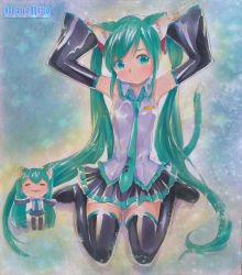 Rule 34 | 1girl, 2girls, animal ears, armpits, arms up, artist name, boots, cat ears, cat tail, chibi, detached sleeves, green eyes, green hair, hatsune miku, long hair, matching hair/eyes, mayo riyo, multiple girls, necktie, sitting, skirt, tail, thigh boots, thighhighs, traditional media, twintails, very long hair, vocaloid, wariza