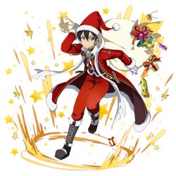 Rule 34 | 1boy, bag, bell, black eyes, black footwear, black hair, boots, closed mouth, coat, fur-trimmed coat, fur-trimmed headwear, fur trim, gift bag, gloves, hat, highres, holding, holding bag, kirito, knee boots, long sleeves, looking at viewer, male focus, official art, pants, red coat, red hat, red pants, santa costume, santa hat, smile, solo, sword art online, transparent background, white gloves
