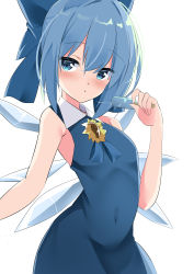Rule 34 | 1girl, 9150namihana, absurdres, blue bow, blue dress, blue eyes, blue hair, blush, bow, cirno, dress, flower, food, hair bow, highres, holding, holding food, looking at viewer, navel, popsicle, short hair, simple background, sleeveless, solo, sunflower, touhou, white background