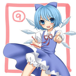Rule 34 | circled 9, 1girl, bloomers, blue dress, blue eyes, blue hair, blush, bow, cirno, clothes lift, dress, dress lift, female focus, hair bow, hand on own hip, hip focus, ice, matching hair/eyes, pointing, short hair, smile, solo, touhou, underwear, white background, wind, wind lift, wings, yayoi (egoistic realism)